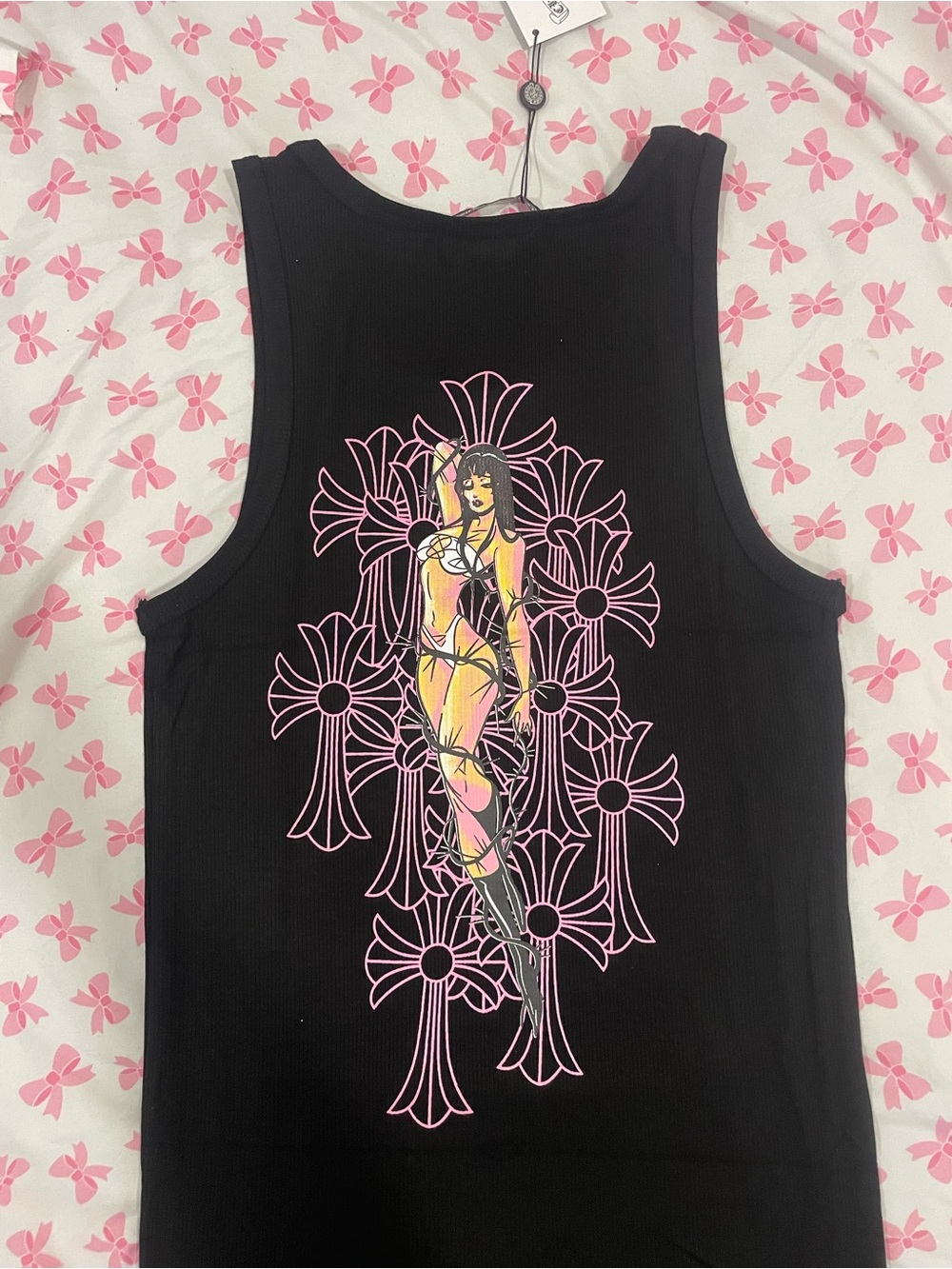 Chrome hearts deadly doll Graphic Tank Top with Pink Floral Cross Design - Picture 3 of 4